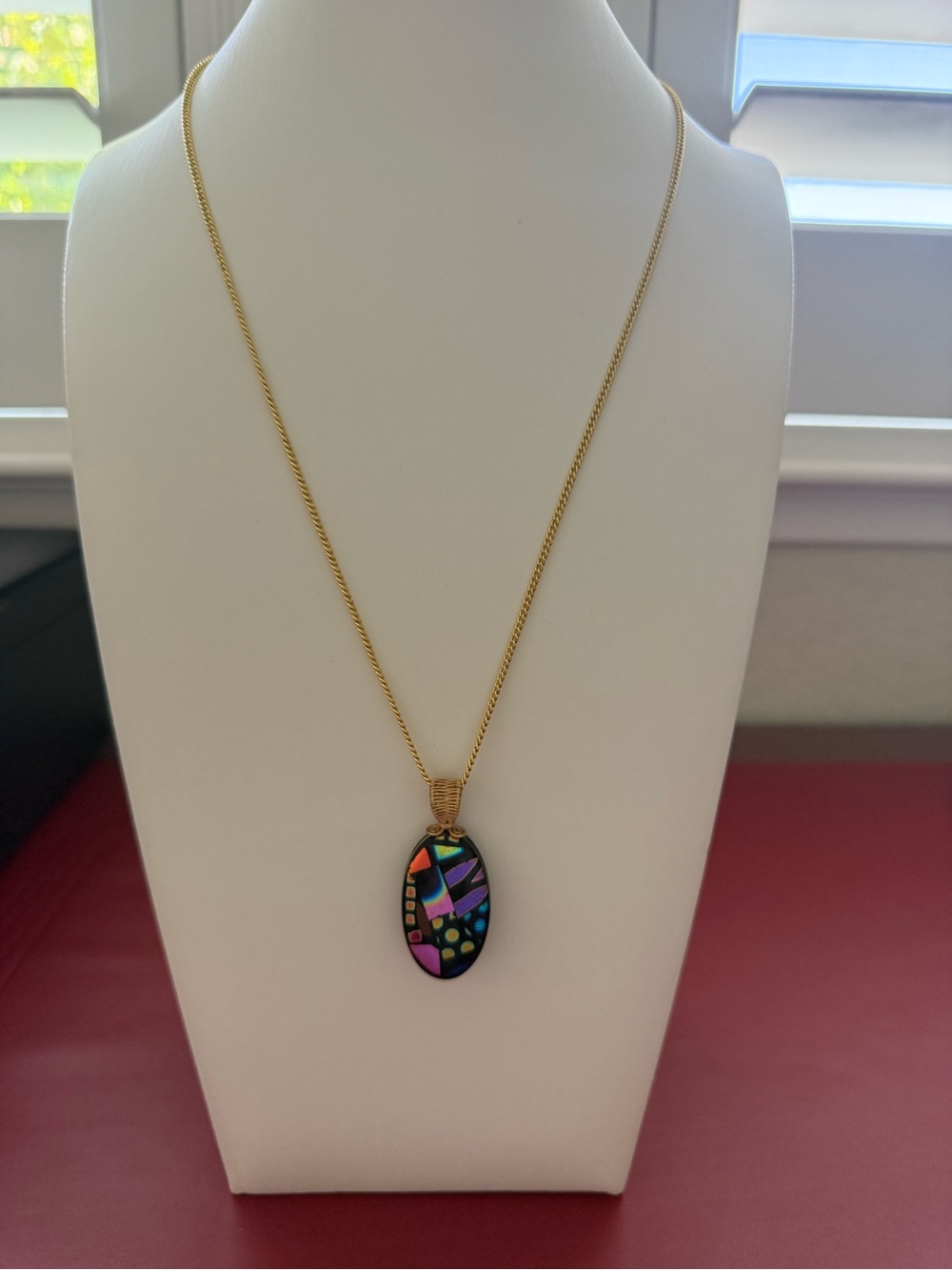 Artisan Dichroic Glass Black Oval Pendant with Purple, Pink, Blue & Gold Accents